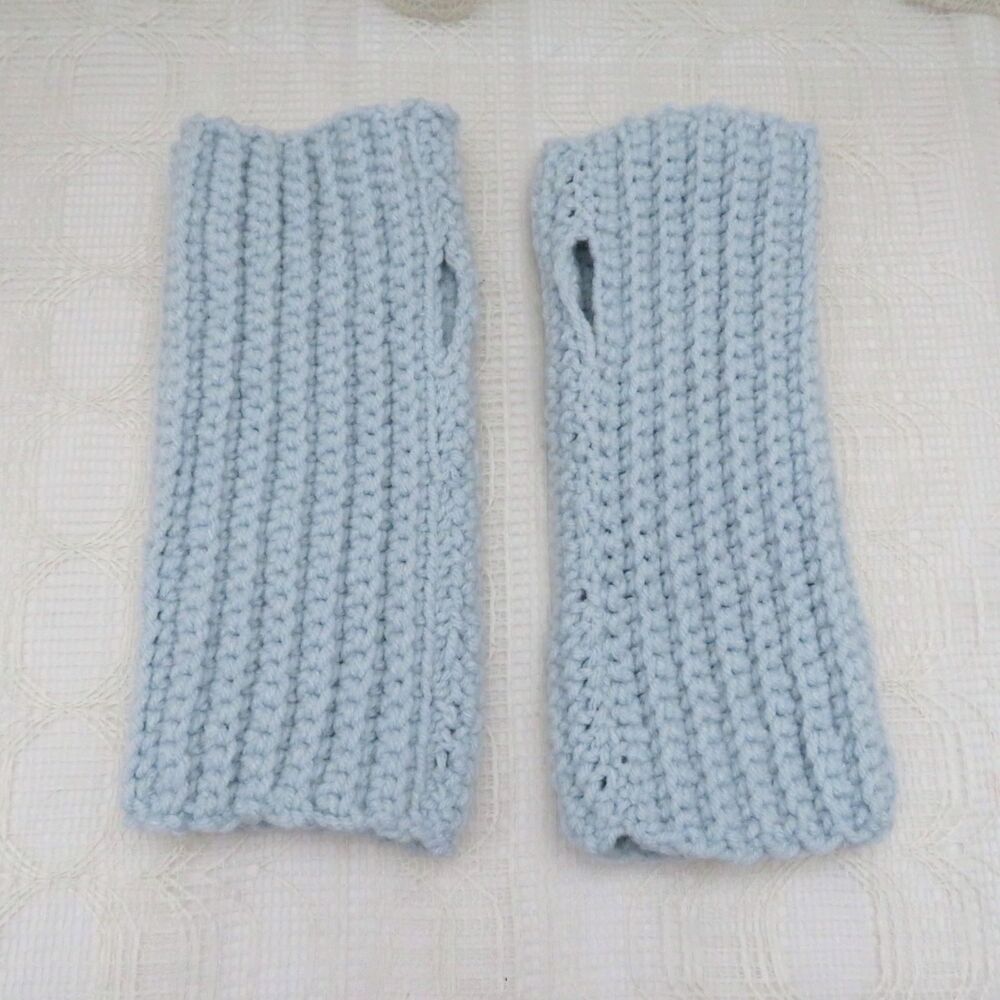 Handmade Crocheted Fingerless Gloves, Pale Aqua Acrylic Mittens for Women